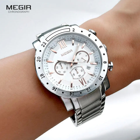 MEGIR ساعات كوارتز ذات علامة تجارية رائجة للرجال ساعة يد بيضاء للأعمال موضة ثلاث عيون مقاومة للماء ساعة مضيئة للذكور